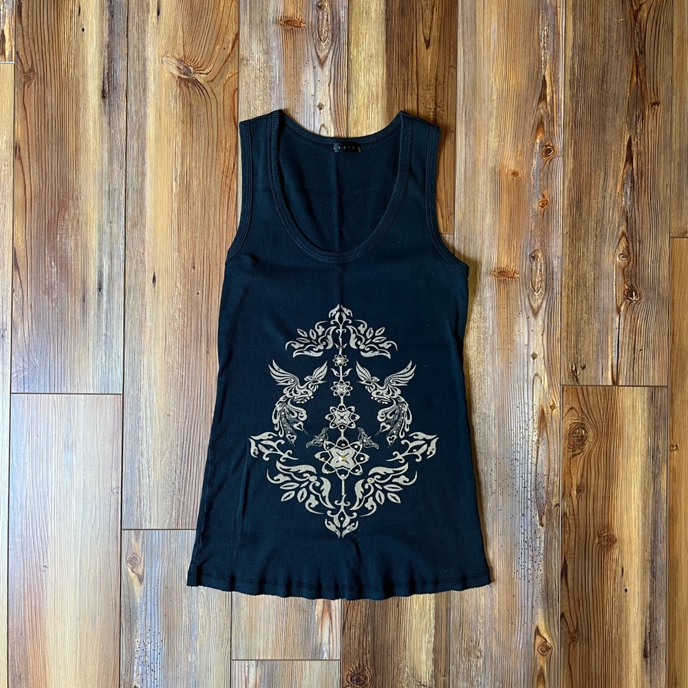 Y2K black and gold graphic tank top